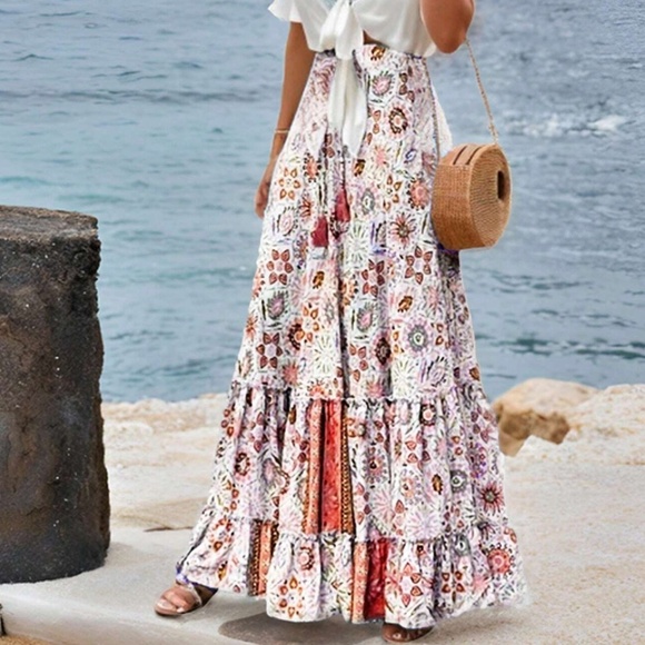 Boho Floral Print High Waist Ruffle Hem Maxi Skirt - Picture 1 of 4